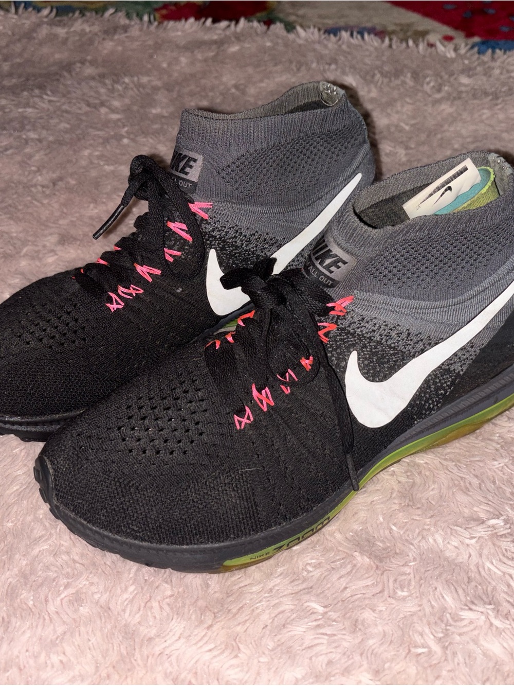 Nike Women’s Flyknit Mid Sneakers — Black/Grey with Pink and Green Accents